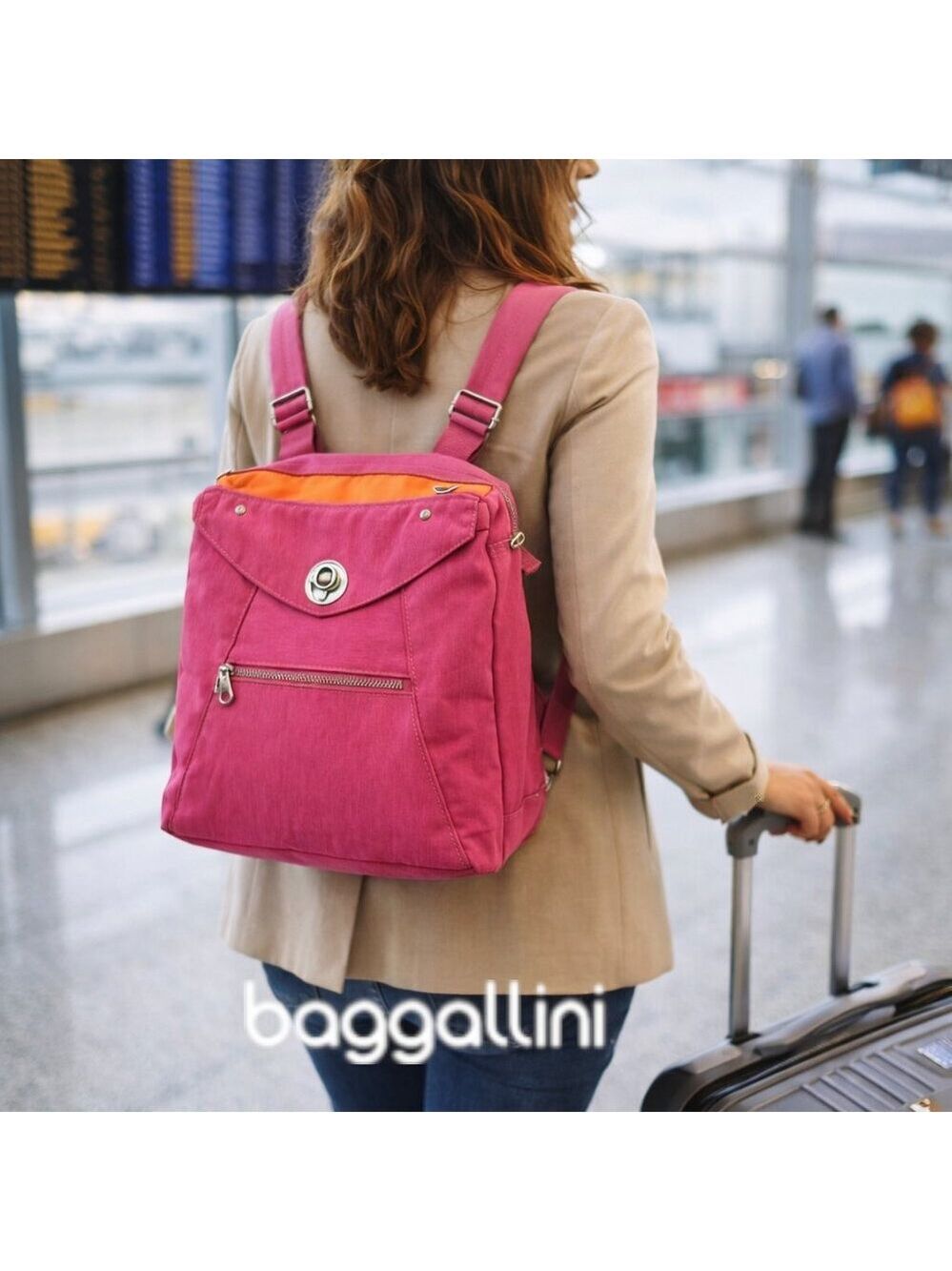 Baggallini Convertible Shoulder Bag Backpack – Perfect Airport Bag – Pink/Orange